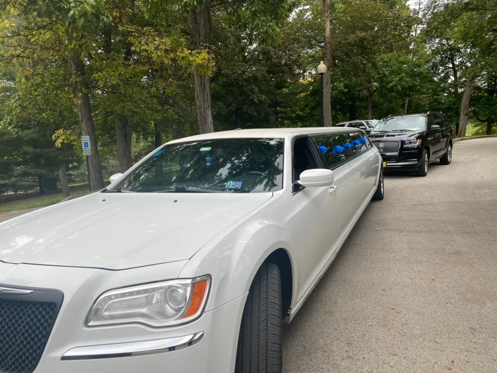 front left view of white limousine