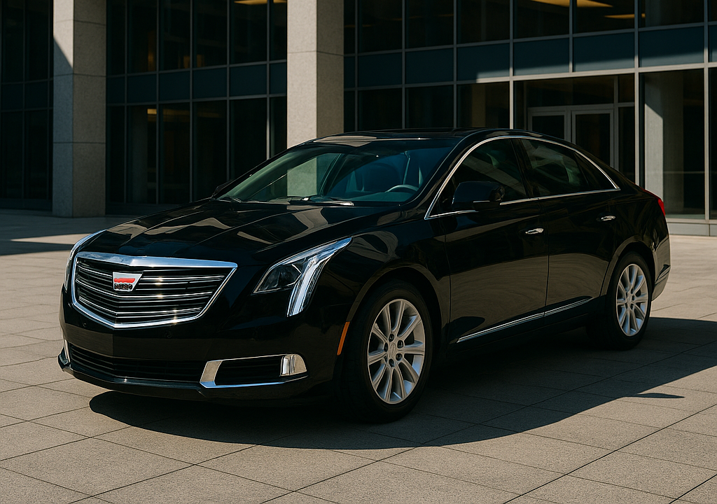 black XTS parked in front of a corporate building