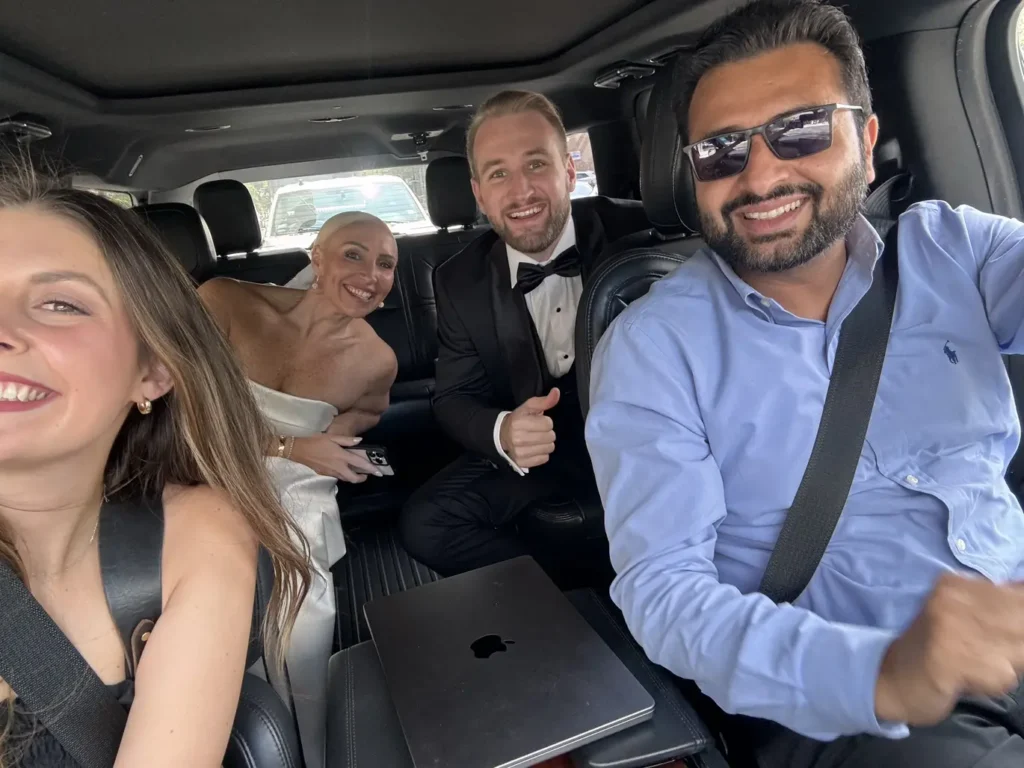 photo of bride and groom, and bridsmaid and chauffeur