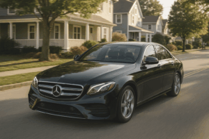 Mercedes e350 driving through neighbourhood