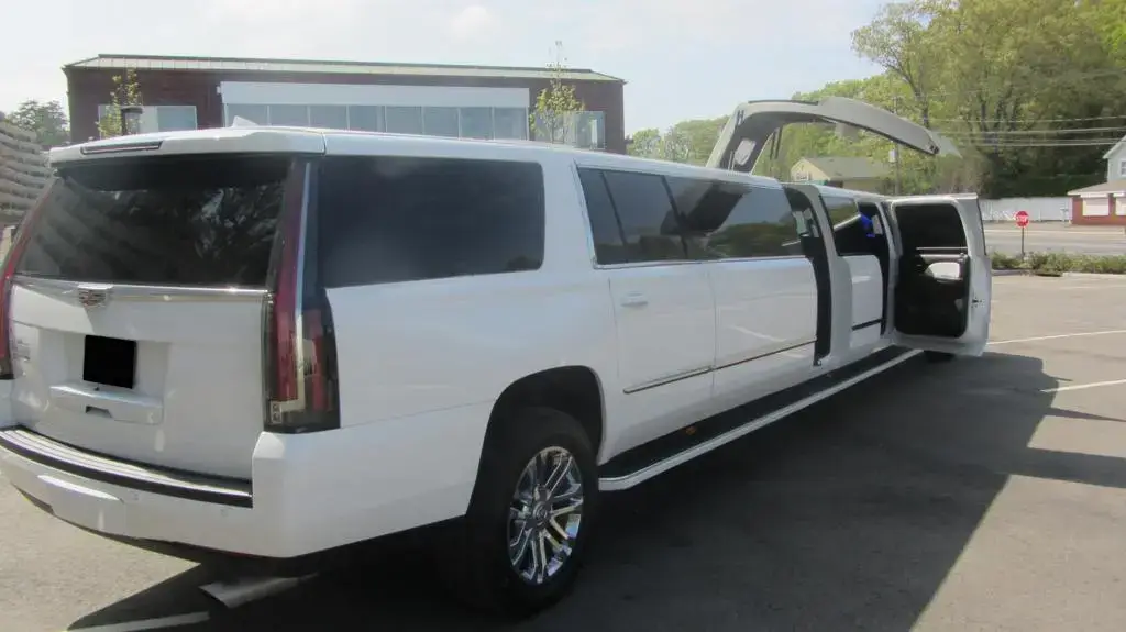 White SUV Limo parked back view